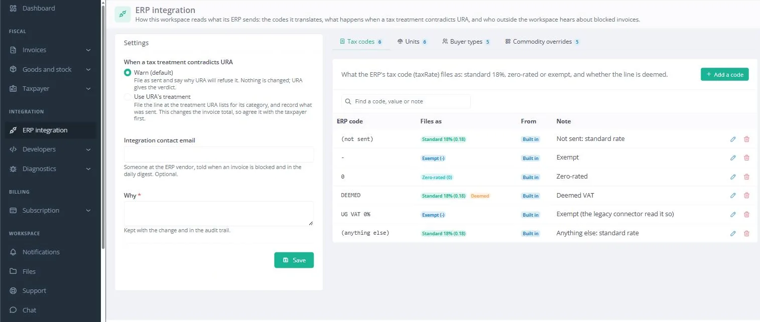 ERP integration settings: how the ERP's tax codes are read as URA's standard, zero-rated and exempt treatments.