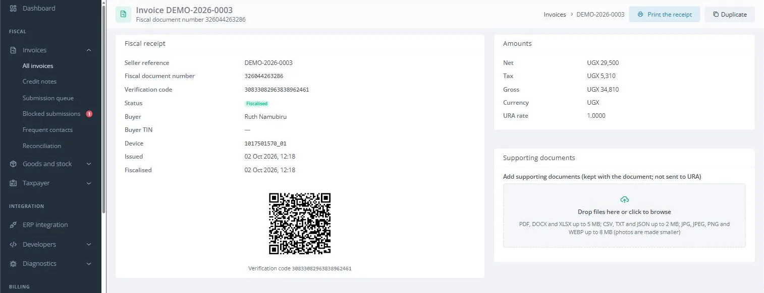 A fiscalised invoice: its fiscal document number, verification code and URA's QR code, with the net, tax and gross amounts.