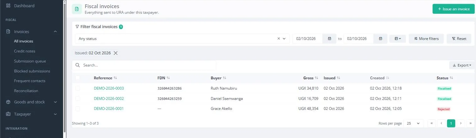 The list of invoices sent to URA, two fiscalised and one refused.